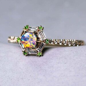 The One - Black Opal, Baguette Cut Diamond, Tsavorite Engagement Ring 14K Gold